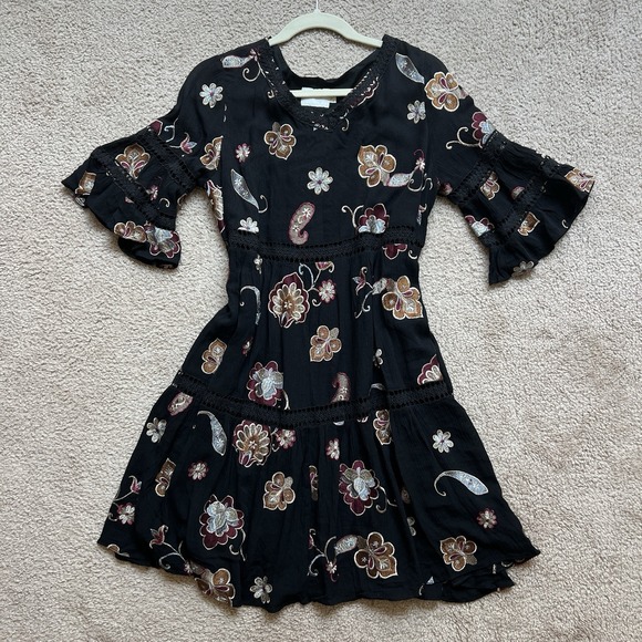 Dresses & Skirts - Anthropologie Eri Ali Black Short Dress Embroidered Flowers Ruffled Sleeves M